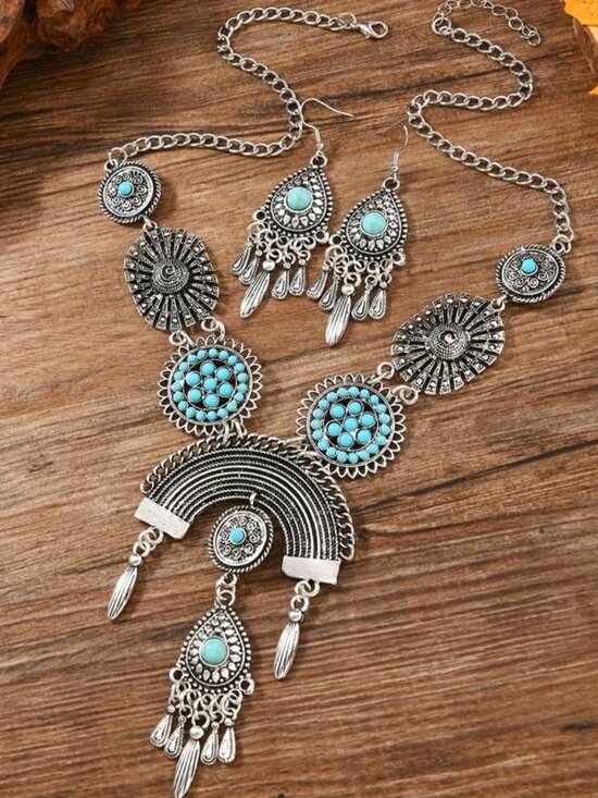 057 White Blue Bohemian Style Colorful Drop Necklace Set - Picture 1 of 1